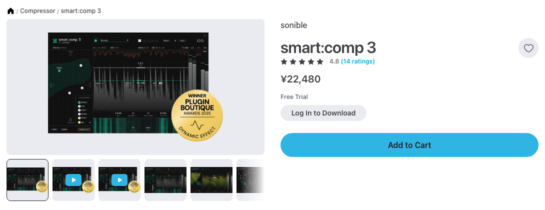 Plugin Boutiqueのsonible smart:comp 3商品ページ。2026年9月29日時点で¥22,480