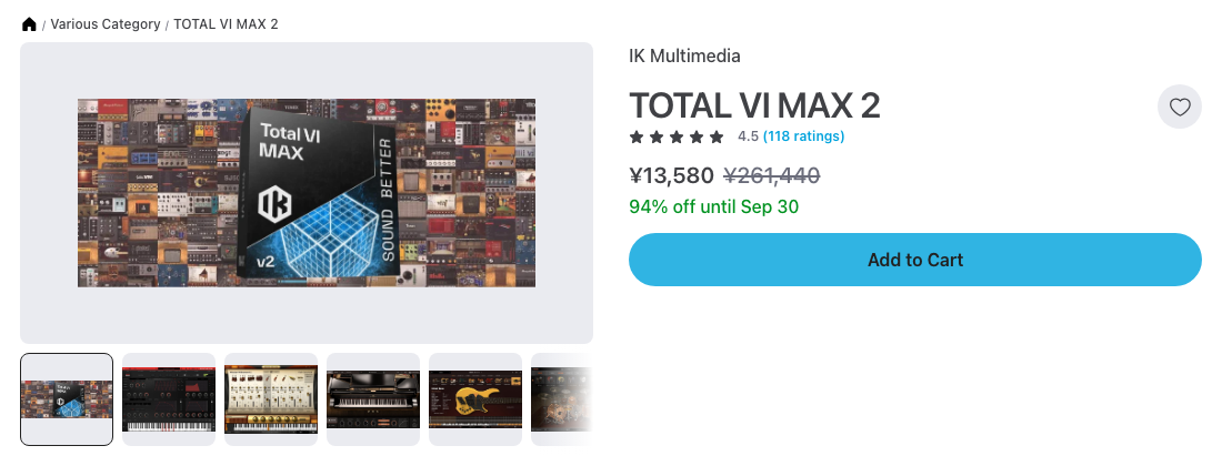 Plugin BoutiqueのTOTAL VI MAX 2商品ページ。2026年9月28日時点で¥13,580(通常¥261,440・94%オフ、9月30日まで)