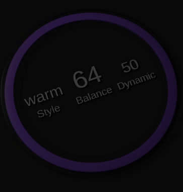 sonible公式サイトのpure:EQのつまみ。Style（warm）・Balance（64）・Dynamic（50）
