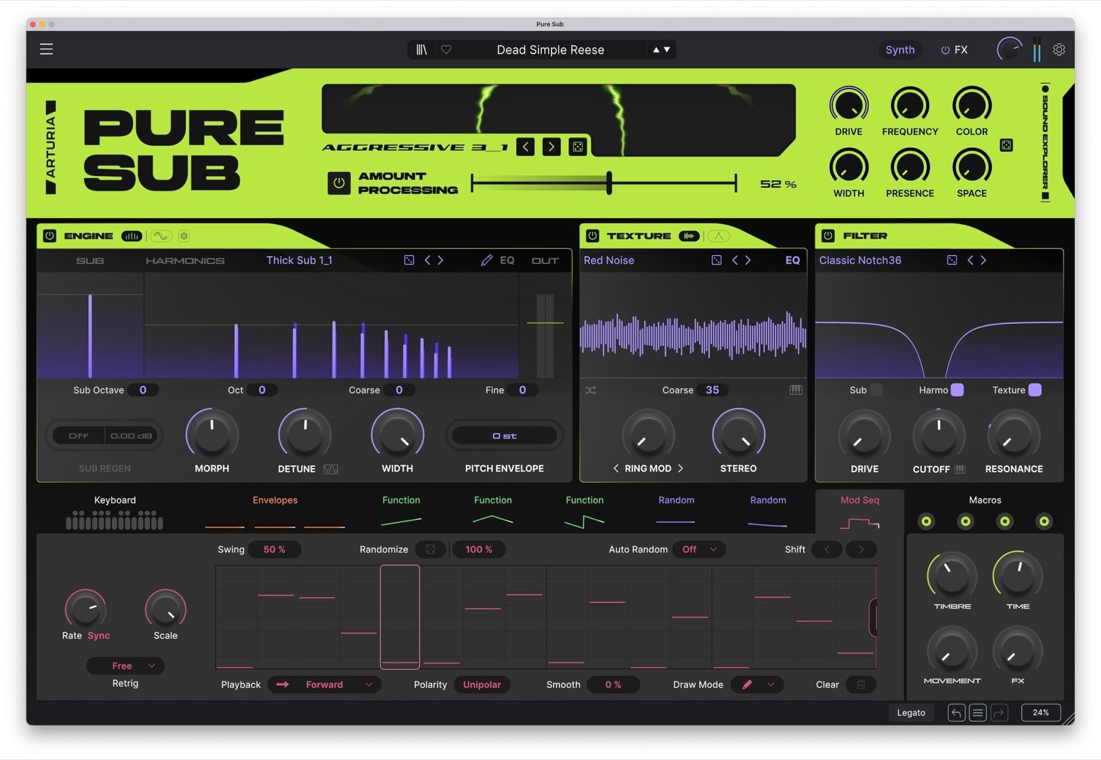 Pure SUB の ENGINE セクション。Sub と Harmonics のレイヤー、左下に SUB REGEN のスイッチ、下段に Mod Seq