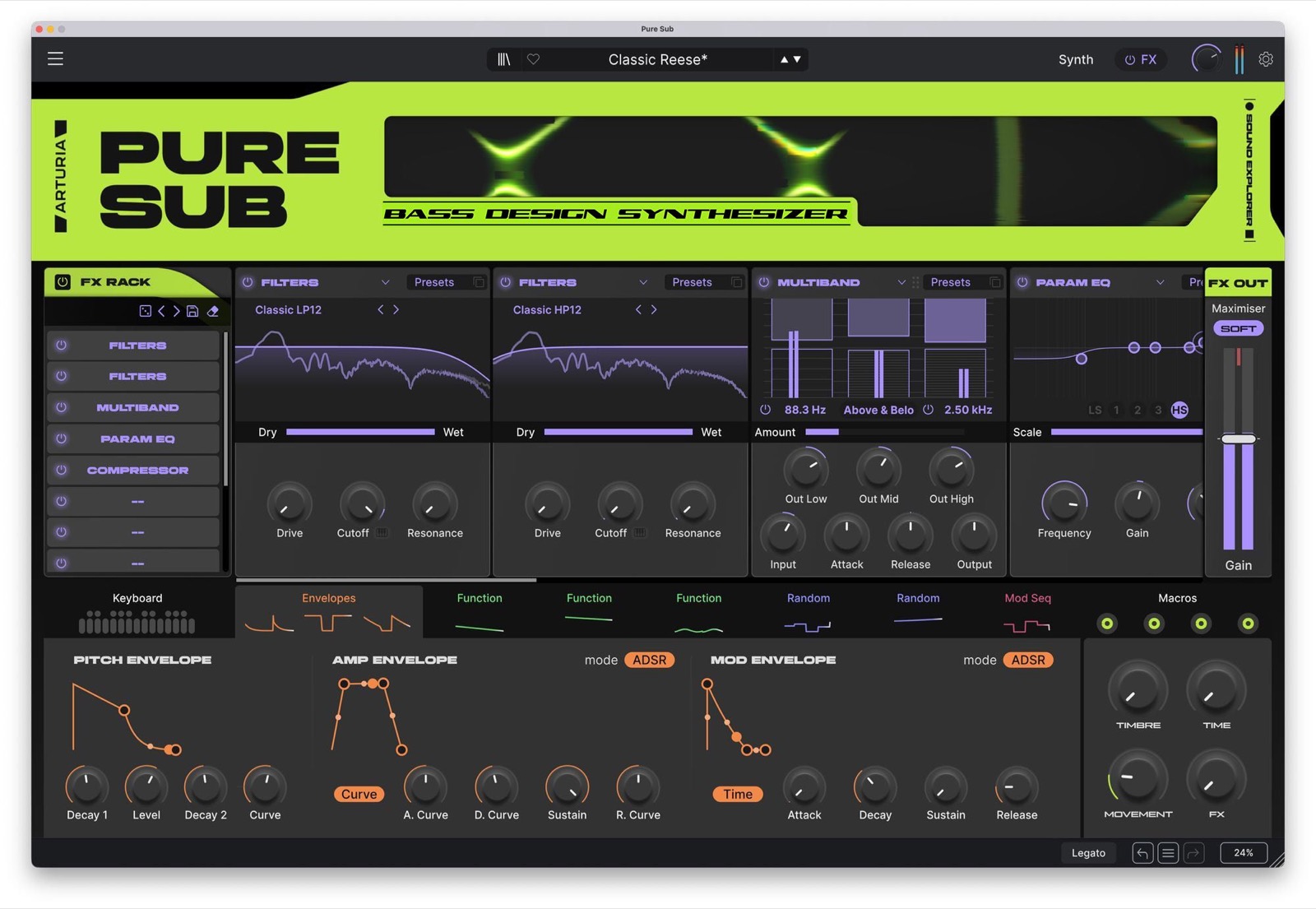 Pure SUB の FX RACK。FILTERS・MULTIBAND・PARAM EQ・COMPRESSOR などのスロットと、右端に Maximiser、下段にエンベロープ群