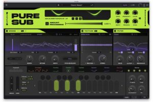 Arturia Pure SUB のメイン画面。ENGINE（Sub・Harmonics）、TEXTURE、FILTER のセクションと、下段にモジュレーション／シーケンサーが並ぶ