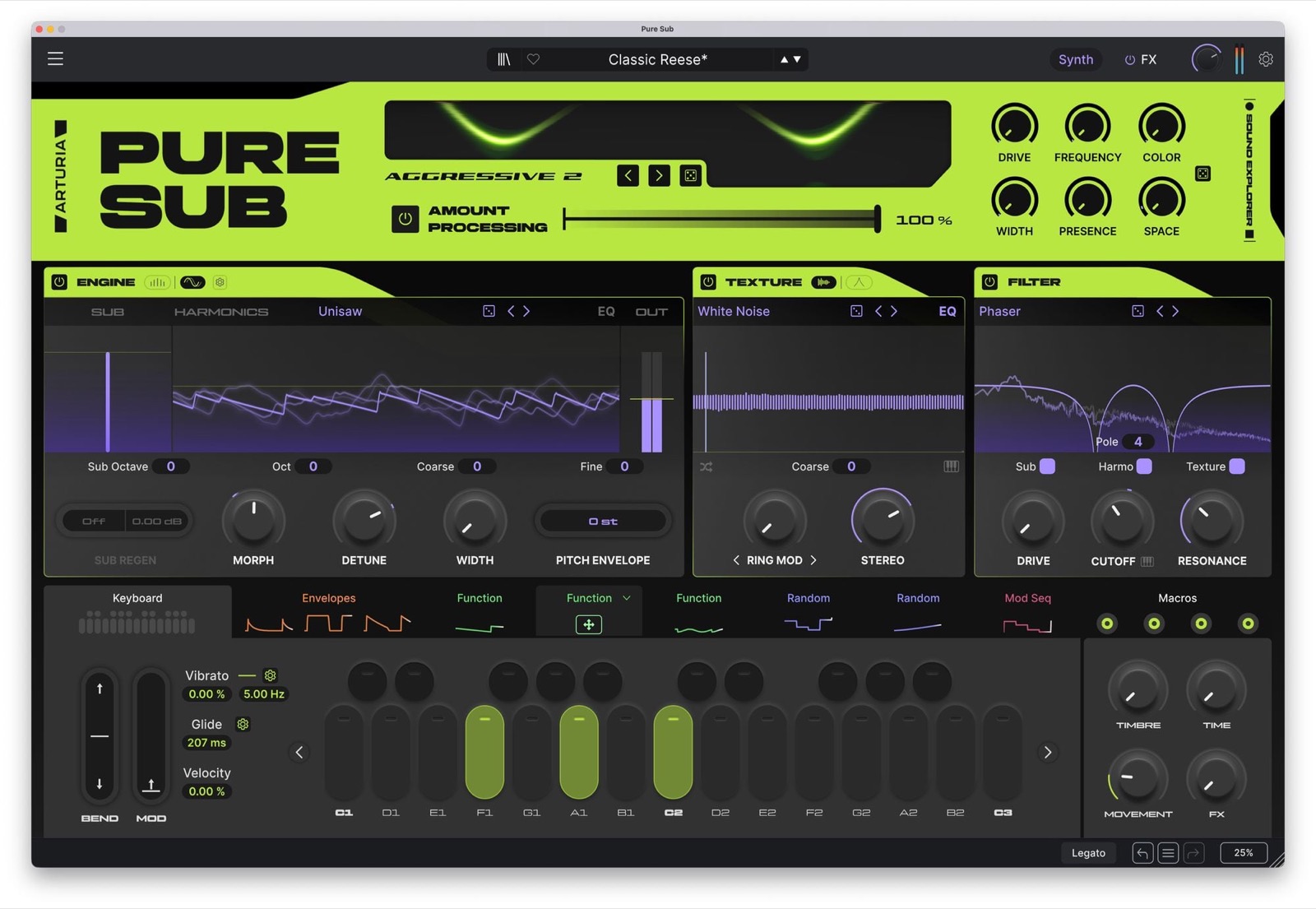 Arturia Pure SUB のメイン画面。ENGINE（Sub・Harmonics）、TEXTURE、FILTER のセクションと、下段にモジュレーション／シーケンサーが並ぶ
