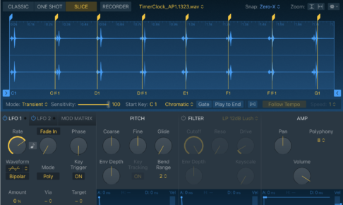 LogicのQuick SamplerをSLICEモードにして時計の音を読み込んだ画面。Mode: Transientで8つに分割され、C1〜G1の鍵盤に割り当てられている