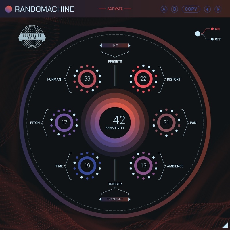 RandomachineのGUI画面。円形に配置されたPITCH・FORMANT・DISTORT・PAN・AMBIENCE・TIMEのノブ