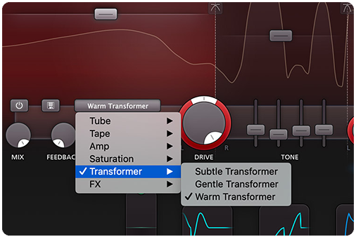 FabFilter Saturn 2の歪みスタイル選択メニュー（Tube・Tape・Amp・Saturation・Transformer・FX）