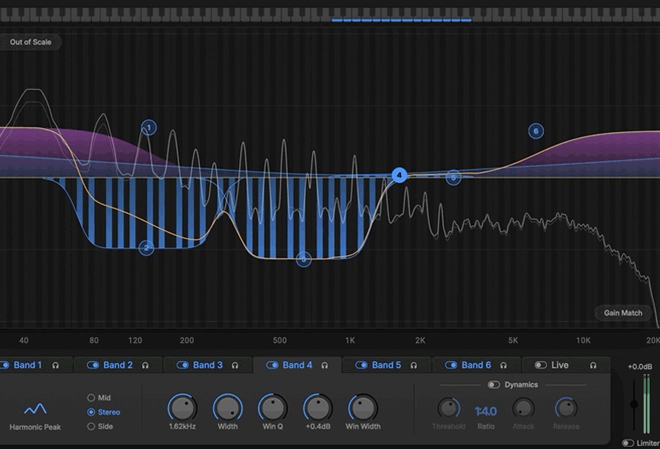 Scaler EQ Pro でカットをかけた画面。削っている帯域の中が、音の位置ごとの縦の棒に分かれている