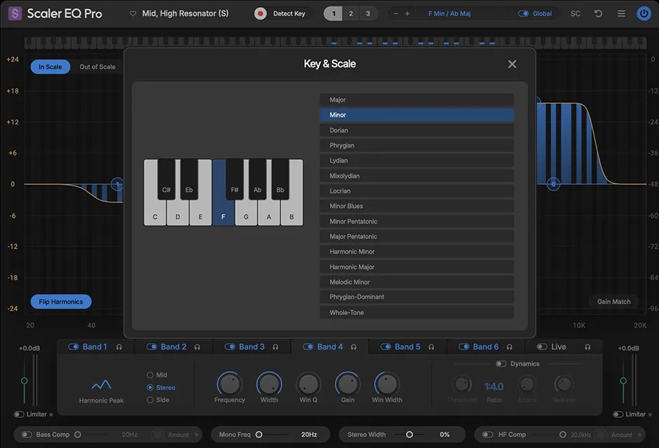 Scaler EQ Pro の Key & Scale 画面。鍵盤でキーを選び、Major・Minor・Dorianなどのスケールを一覧から選ぶ