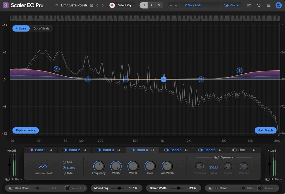 Scaler EQ Pro のマスタリング向けプリセット Limit Safe Polish。下の段でMono FreqとStereo Widthを調整している