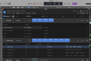 Scaler 3。左に定番進行のプリセット（Common Progressions）、下段にキーCメジャーに合うコード候補が並ぶ