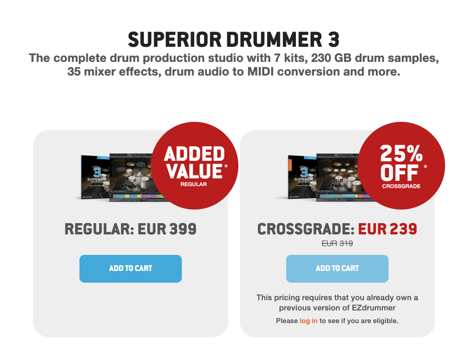 Toontrack公式サイトのSuperior Drummer 3の価格。通常版はEUR 399、クロスグレード版はEUR 239（通常EUR 319から25%オフ）で、EZdrummerの旧バージョンを持っていることが条件