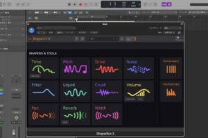 ShaperBox 3のSHAPERS & TOOLS画面。Volume、Filter、Time、Drive、Noise、Pan、Width、Crush、Liquid、Reverb、Pitchの各シェイパーが並ぶ