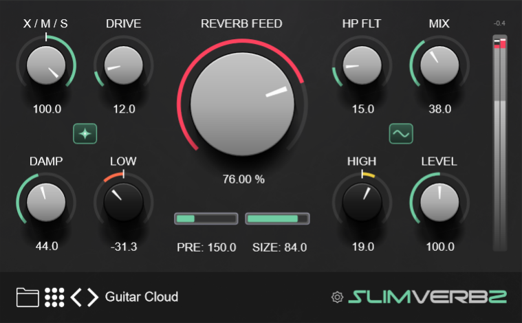 SlimVerb2のGUI画面。X/M/S・Drive・Reverb Feed・HP FLT・Mixなどのノブが並ぶ