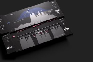 sonible smart:chain のメイン画面。左に Gate と Input Rider、中央に EQ とコンプレッサー、右に De-Harsher と Saturator が1枚に並ぶ