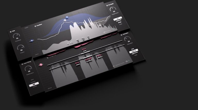 sonible smart:chain のメイン画面。左に Gate と Input Rider、中央に EQ とコンプレッサー、右に De-Harsher と Saturator が1枚に並ぶ