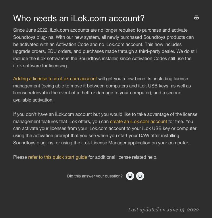Soundtoys公式サポートのWho needs an iLok.com account?。アクティベーションコードだけで認証できると説明している