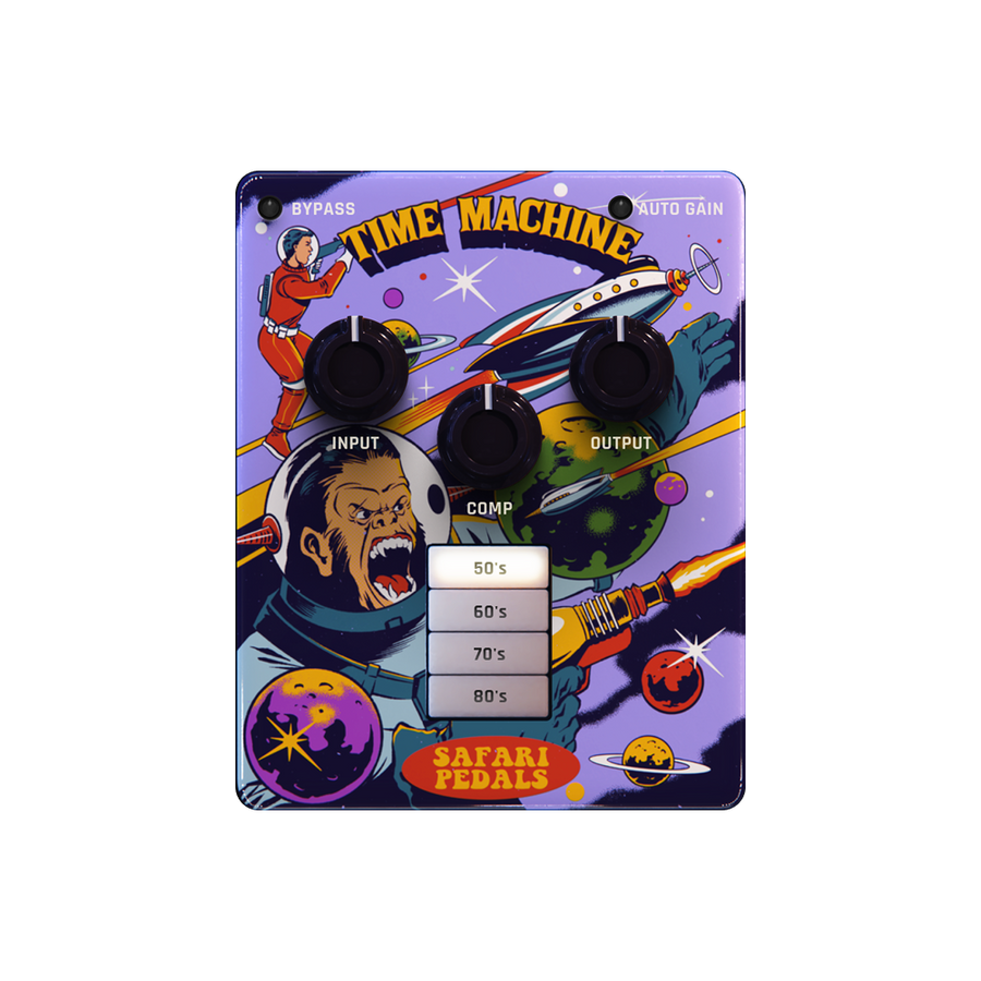 Time MachineのGUI画面。50s/60s/70s/80sの年代選択とINPUT/COMP/OUTPUTノブが並ぶヴィンテージ風パネル