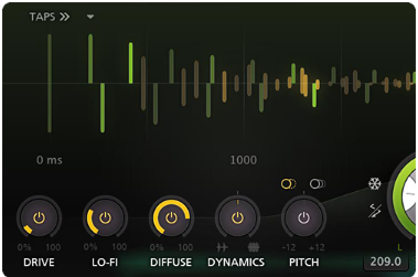 FabFilter Timeless 3のタップ表示とDRIVE・LO-FI・DIFFUSE・DYNAMICS・PITCHのエフェクト