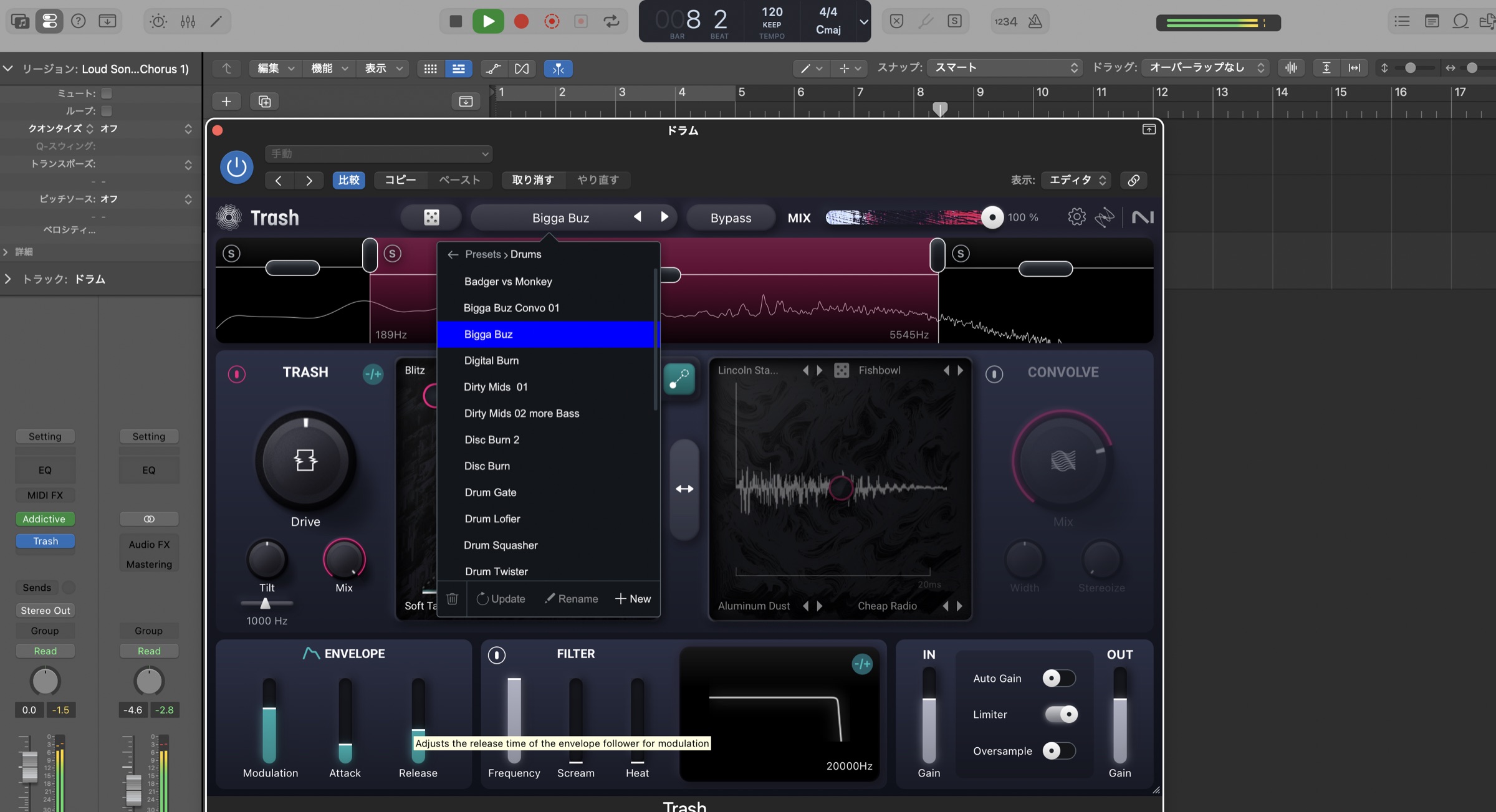 iZotope TrashのプリセットブラウザでDrumsカテゴリを開いた画面。Bigga Buz・Digital Burn・Drum Lofierなどドラム用プリセットが並ぶ