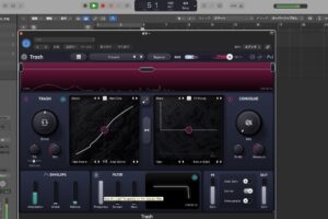 iZotope Trashのメイン画面。TRASHモジュールに2つのディストーション、右にCONVOLVE、下にENVELOPEとFILTER、上部に4バンドに分けられる帯域表示
