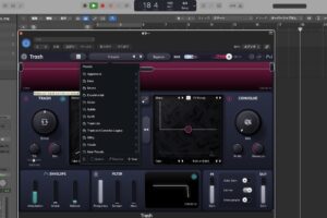 iZotope Trashのプリセットメニュー。Aggressive・Bass・Drums・Experimental・Guitar・Subtle・Synth・Vocalsなどカテゴリが並ぶ