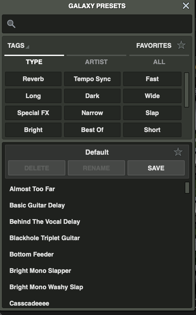 UADx Galaxy Tape Echoのプリセット画面。Behind The Vocal DelayやBright Mono Slapperなどが並ぶ