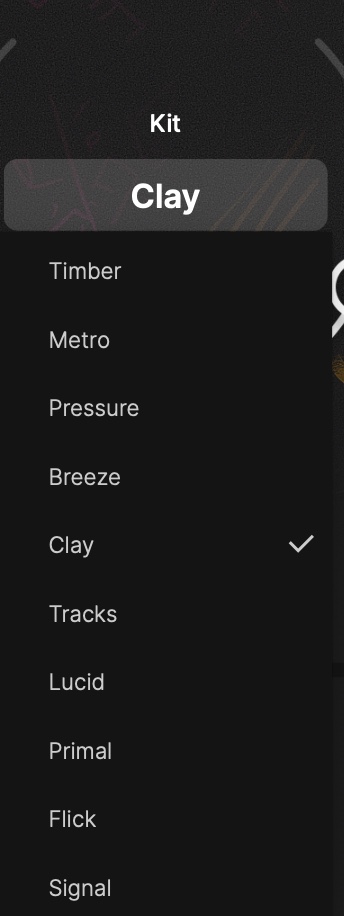KAYAのドラムキット選択リスト。Timber/Metro/Pressure/Breeze/Clay/Tracks/Lucid/Primal/Flick/Signalの10種類
