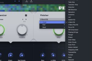 Usynth PIXELのFinisherセクション。エフェクトの種類選択メニューとAttack・Bass・Lo Mids・Hi Midなどのノブ