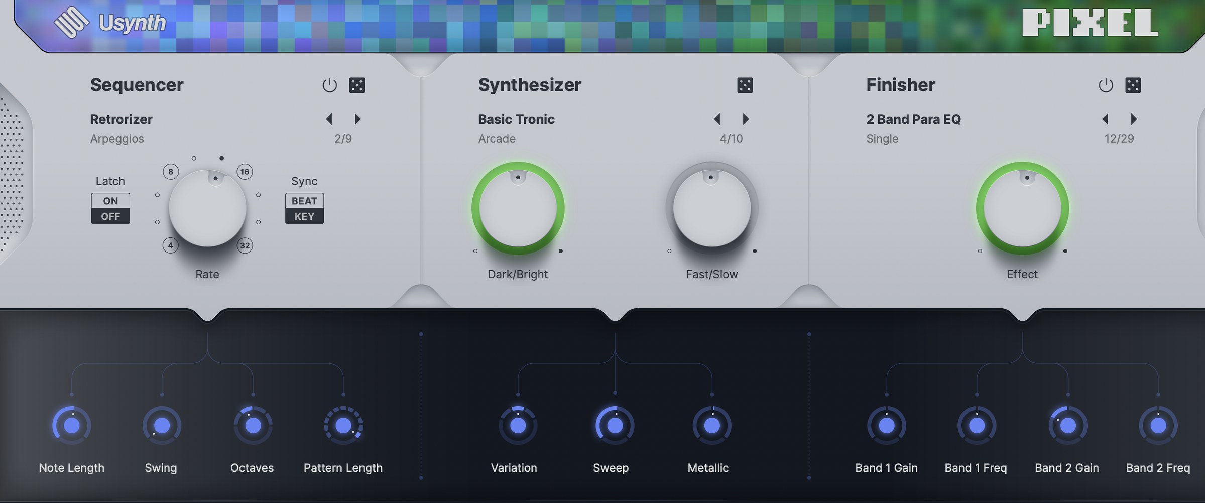 Usynth PIXELの全体画面。左からSequencer・Synthesizer・Finisherの3パート構成