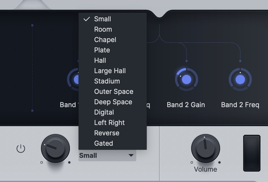 Finisherのリバーブ空間選択メニュー。Small/Room/Chapel/Plate/Hallなど