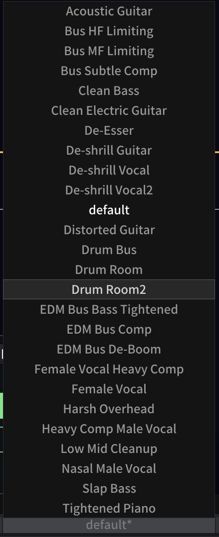 SpecCraftのプリセット一覧。De-EsserやDrum Bus、Slap Bassなどが並ぶ