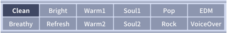 VO-TTのProcessing Style一覧。Clean・Bright・Warm・Soul・Pop・EDM・VoiceOverなど12種類