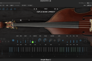 Ample Bass Uprightのメイン画面。ウッドベースのフレットボードと基本パラメータ
