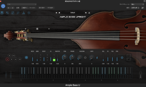 Ample Bass Uprightのメイン画面。ウッドベースのフレットボードと基本パラメータ