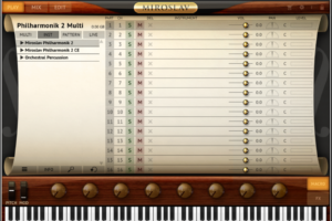 Miroslav Philharmonik 2のメイン画面。ライブラリにMiroslav Philharmonik 2・Philharmonik 2 CE・Orchestral Percussionが並ぶ