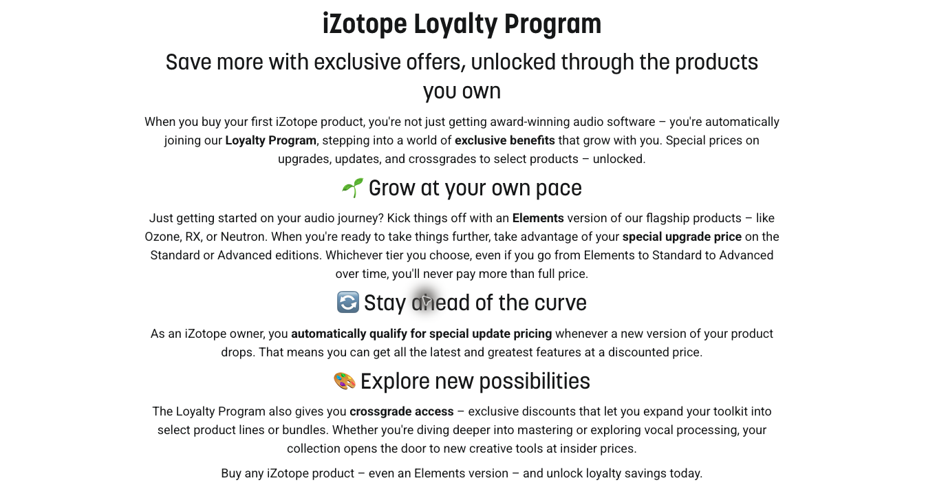 iZotope公式Loyalty Programページ。Elements版を買った人でも通常版・上位版へのアップグレード価格が適用され、クロスグレードの対象にもなると説明されている
