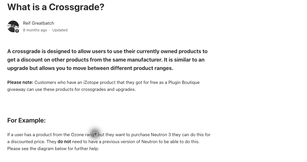 Plugin Boutiqueヘルプ「What is a Crossgrade?」の説明。無料配布で手に入れたiZotope製品でもクロスグレード・アップグレードの対象になると明記されている