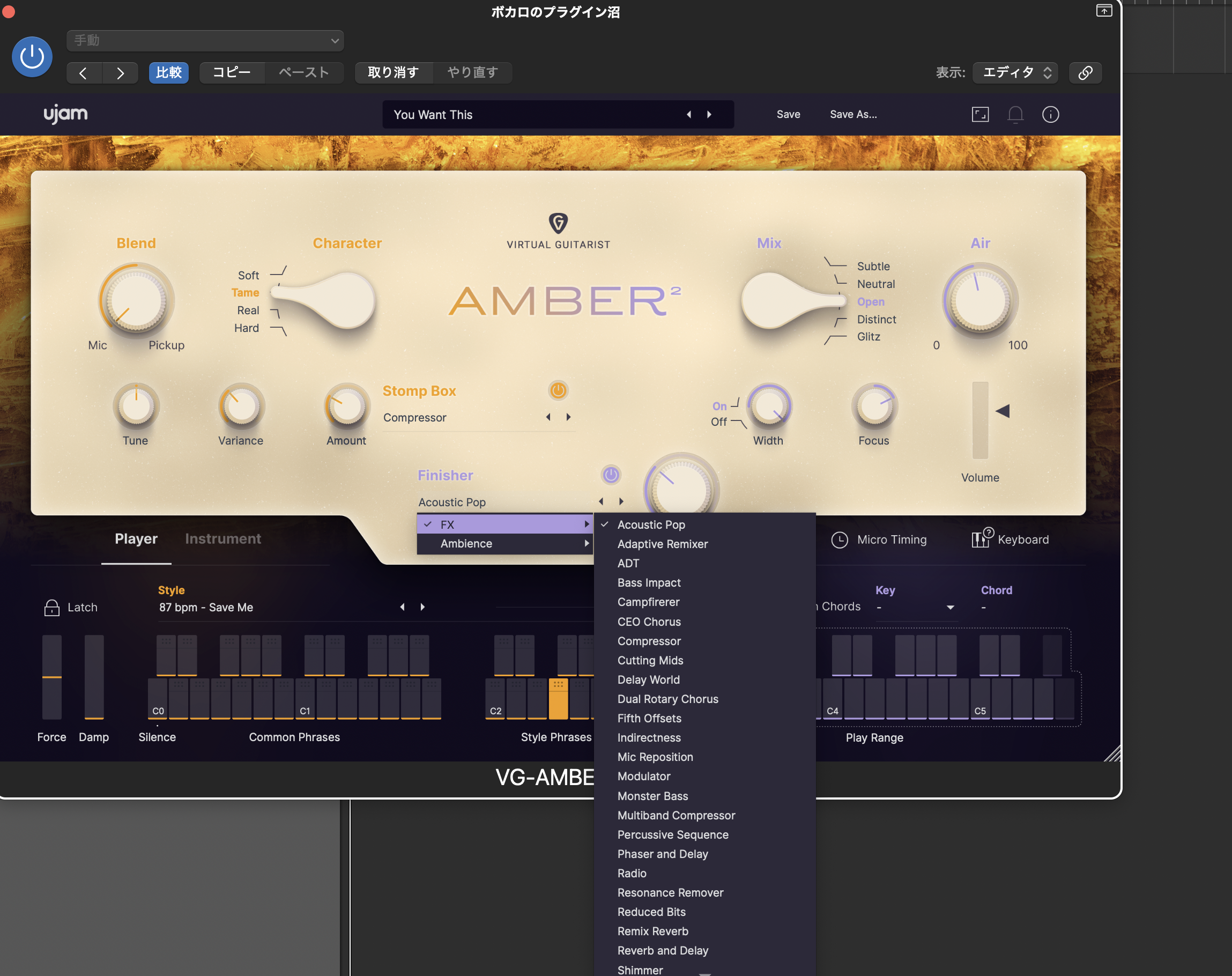AMBER 2のFinisherエフェクト選択画面