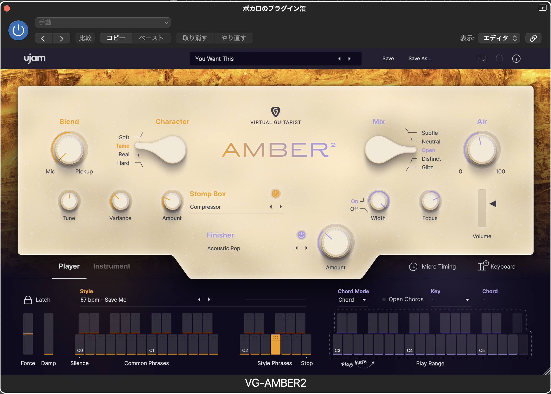 UJAM Virtual Guitarist AMBER 2のメイン画面。Playerモードとコード演奏範囲
