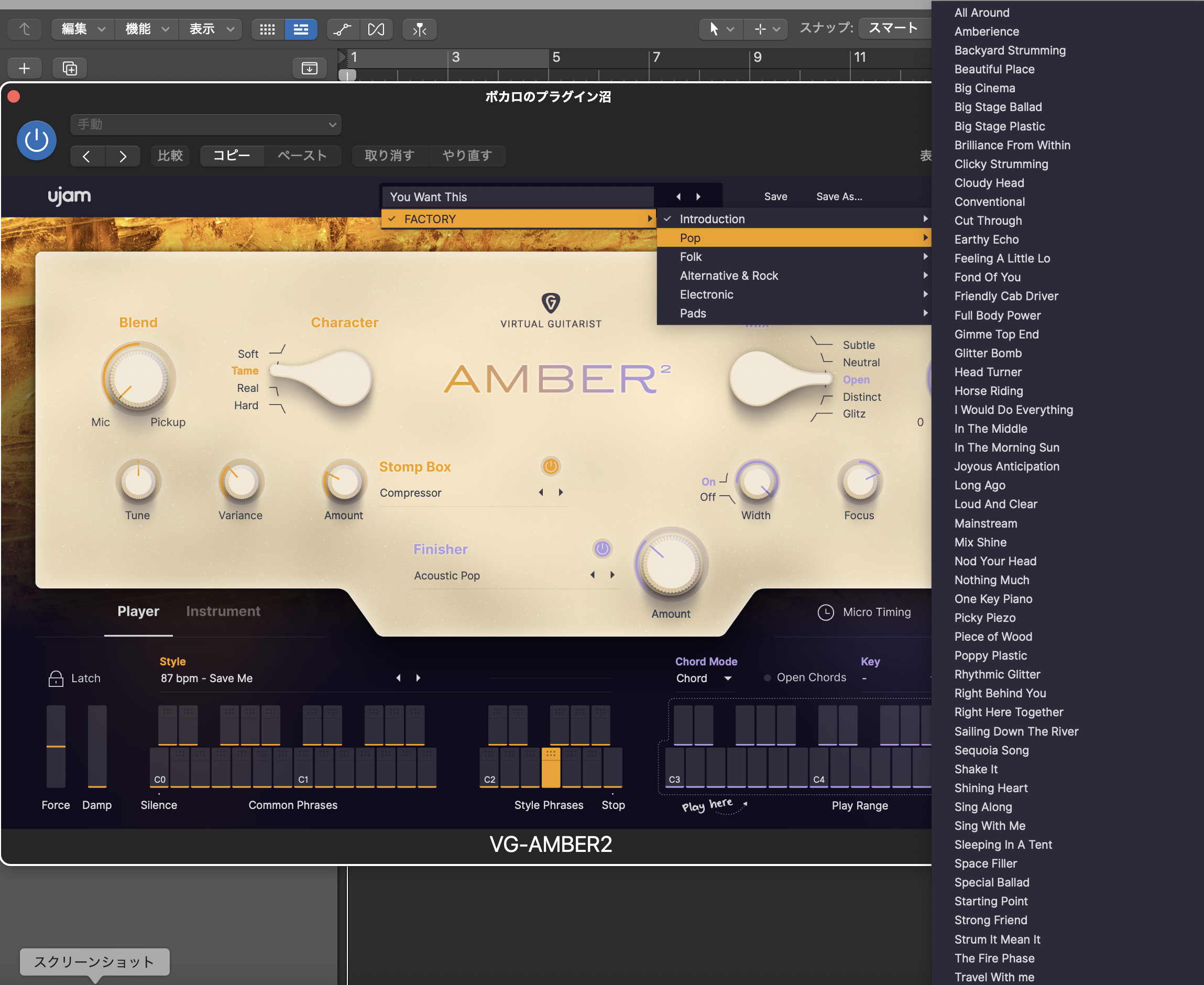AMBER 2のプリセット一覧。PopやFolkなどのカテゴリから選べる