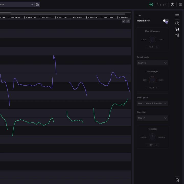 VocAlign 7 Pro のMatch pitch設定。上の紫の線がガイド、下の緑の線がダブのピッチで、右側にSmart pitchやTransposeの設定が並ぶ