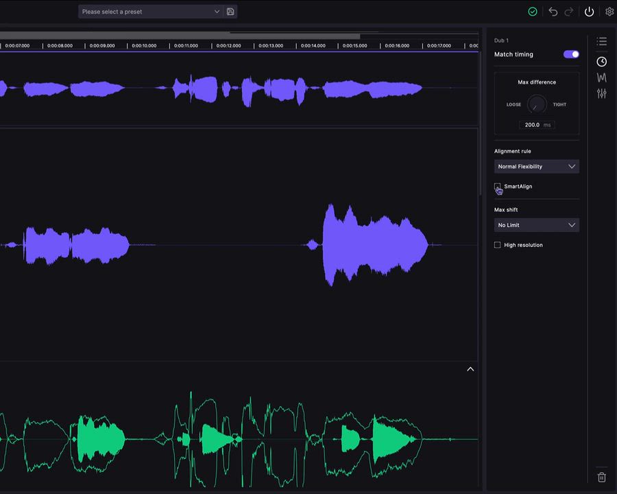 VocAlign 7 のMatch timing設定。Max differenceのつまみでLooseからTightまで揃え具合を決め、SmartAlignにチェックを入れている