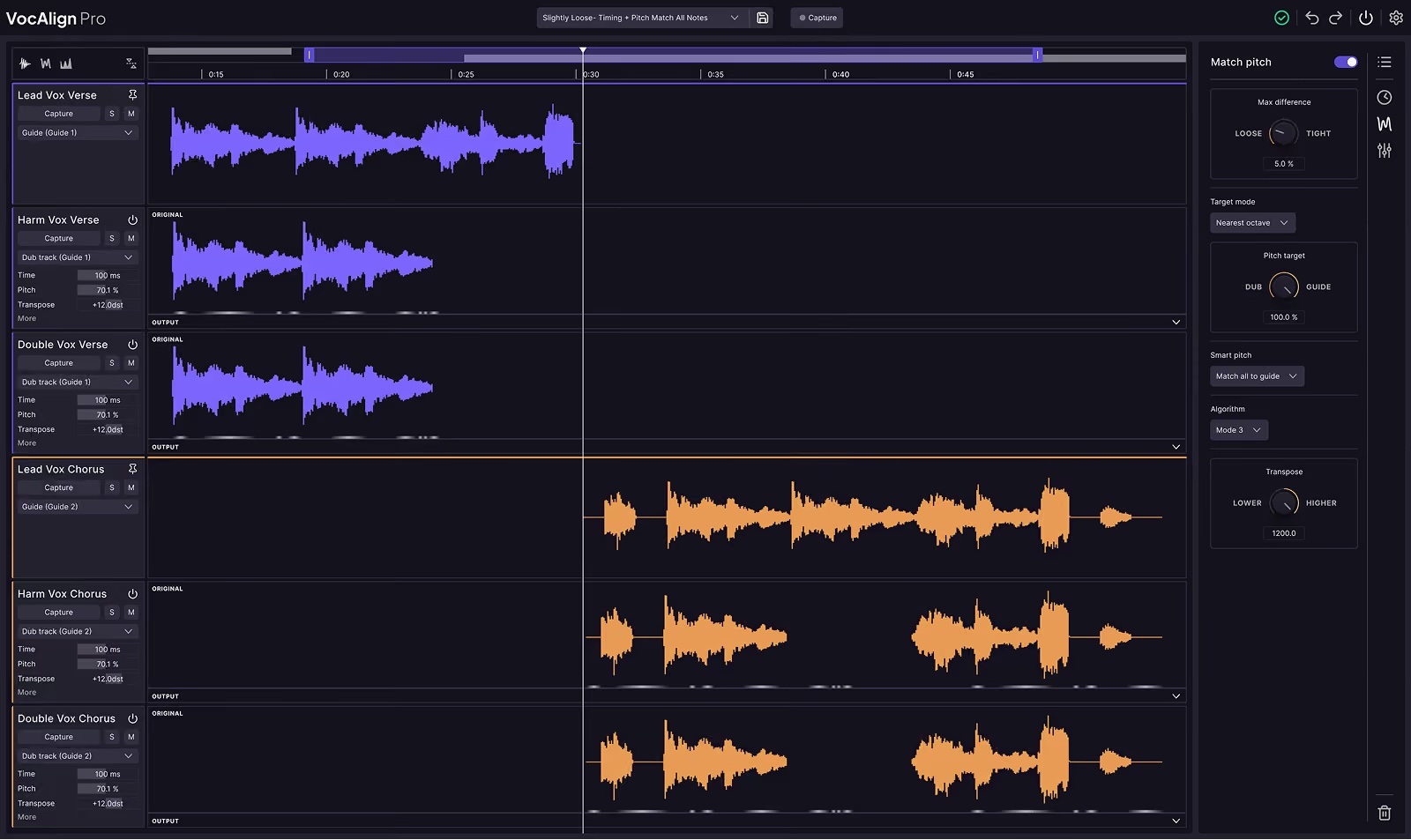 VocAlign 7 Pro のマルチトラック画面。AメロとサビのLead・Harm・Doubleのボーカルが6本並び、Aメロとサビで別々のガイドを指定している