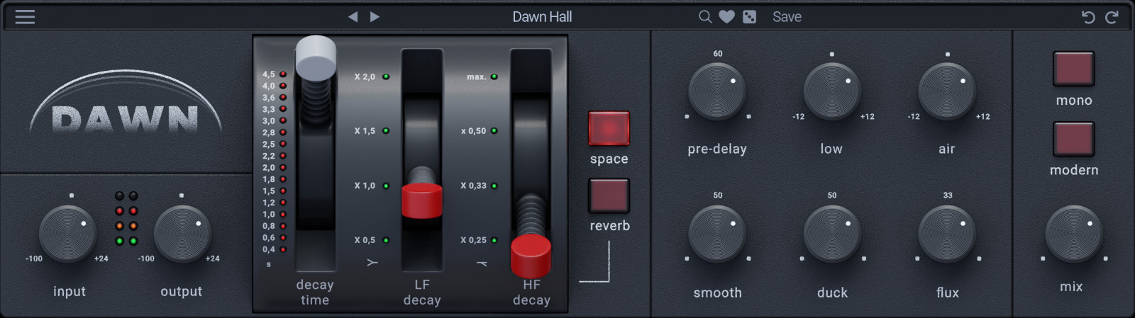 Dawnの画面。中央のスライダーでdecay timeと低域・高域の減衰を決め、右にpre-delay・low・air・smooth・duck・flux（Wave Alchemy公式サイトより）