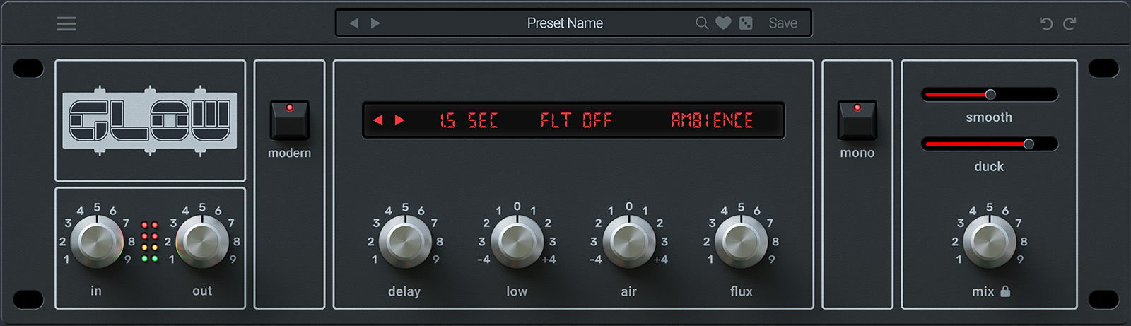 Glowの画面。中央の表示でプログラムを選び、delay・low・air・flux、右にsmooth・duckとmixがある（Wave Alchemy公式サイトより）