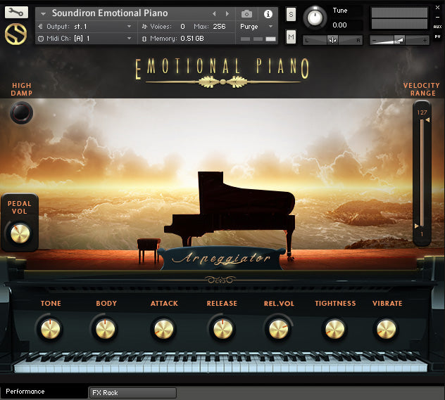 Emotional Piano のメイン画面。TONE・BODY・ATTACK・RELEASE などのつまみと Arpeggiator のボタン（Soundiron 公式の画像）