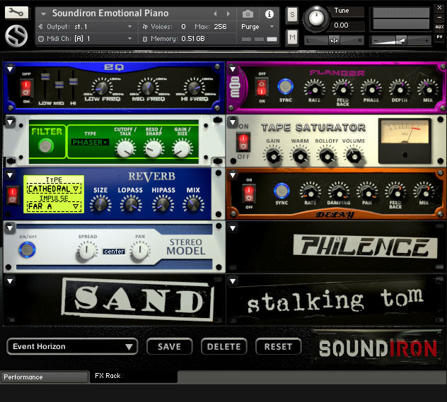 Emotional Piano の FX Rack 画面。EQ・フィルター・リバーブ・テープサチュレーター・ディレイなどを並べて使える（Soundiron 公式の画像）