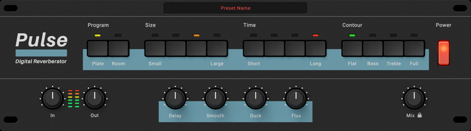 Pulseの画面。上のボタンでPlate・Room、Size、Time、Contourを選び、下にDelay・Smooth・Duck・Flux（Wave Alchemy公式サイトより）