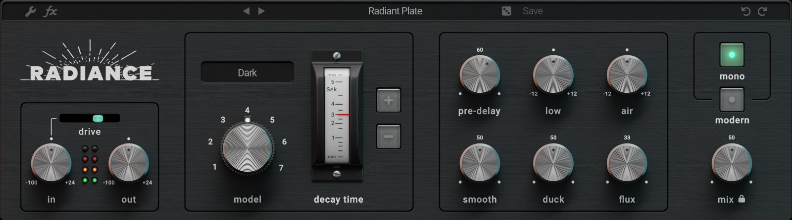 Radianceの画面。左のmodelで7つのプレートを選び、decay timeで響きの長さを決める（Wave Alchemy公式サイトより）