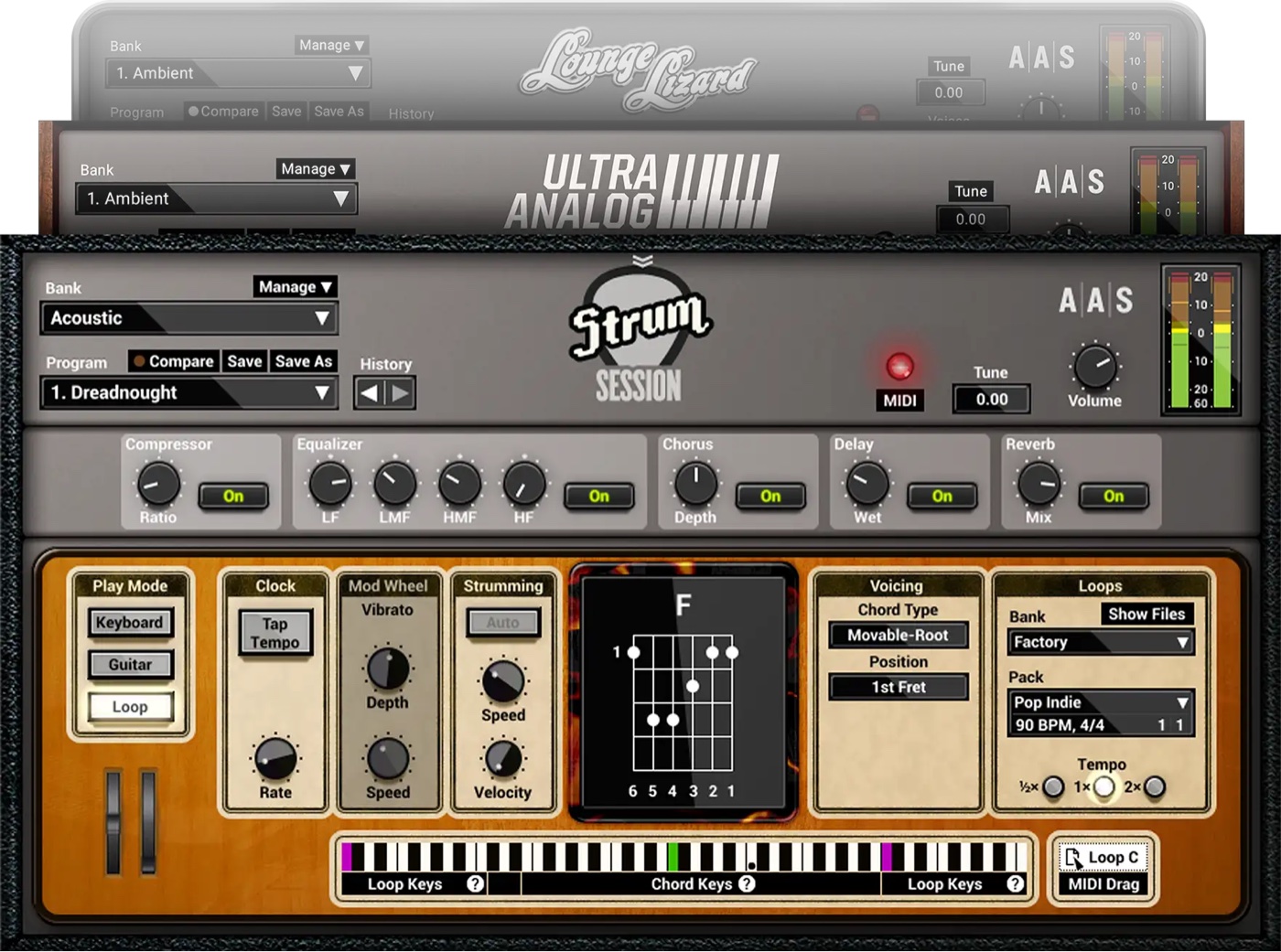 AAS Session Bundleの3つの音源（Lounge Lizard Session・Ultra Analog Session・Strum Session）の画面（AAS公式）